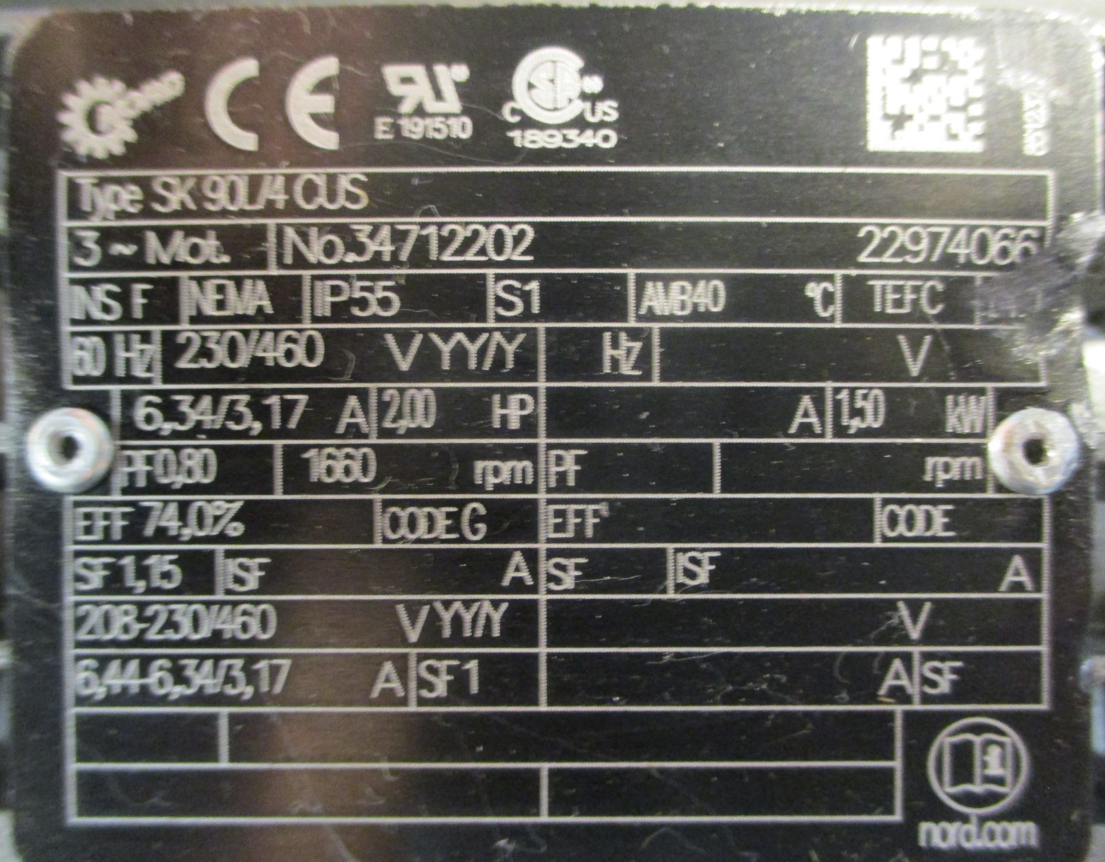 Nord SK 90L/4 CUS 3-Phase Motor 1660RPM 230/460V 1.50 kW 2.00HP NOS