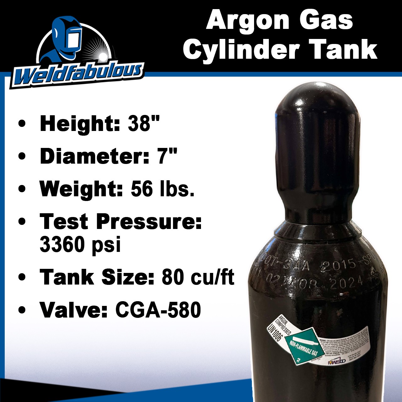 80 cu/ft 75% Argon 25% CO2 Welding Gas Cylinder Tank CGA 580 – FULL