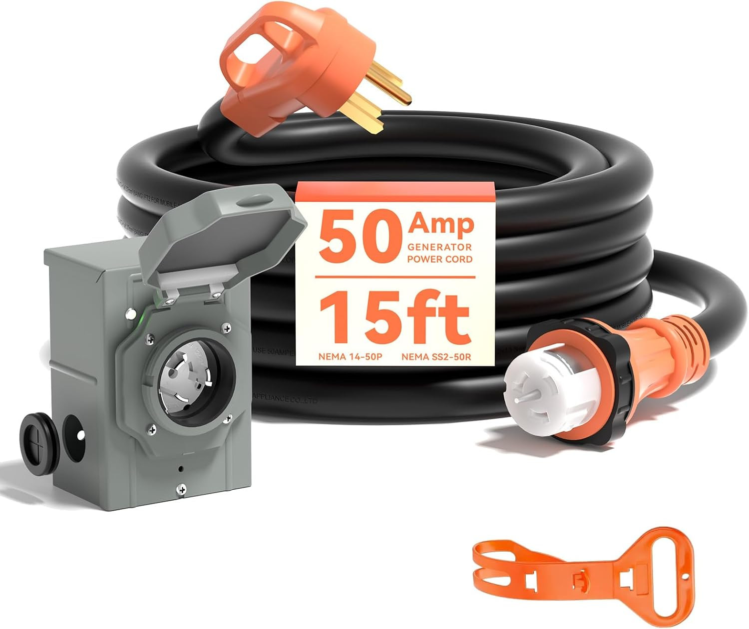 A a in 50 Amp Generator Cord 15FT and Power Inlet Box, Pre-Drilled 50 Amp Genera