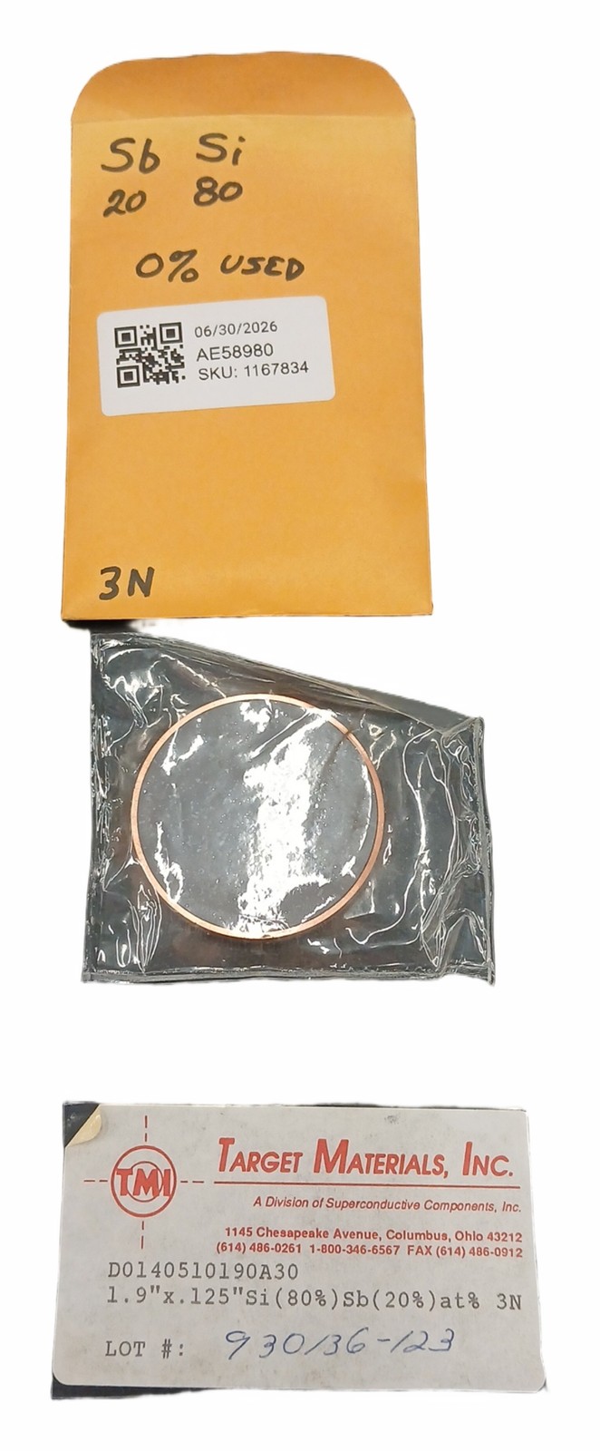 Silicon Antimony Si/Sb 80/20 Sputtering Target 1.9in x .125in Copper Back