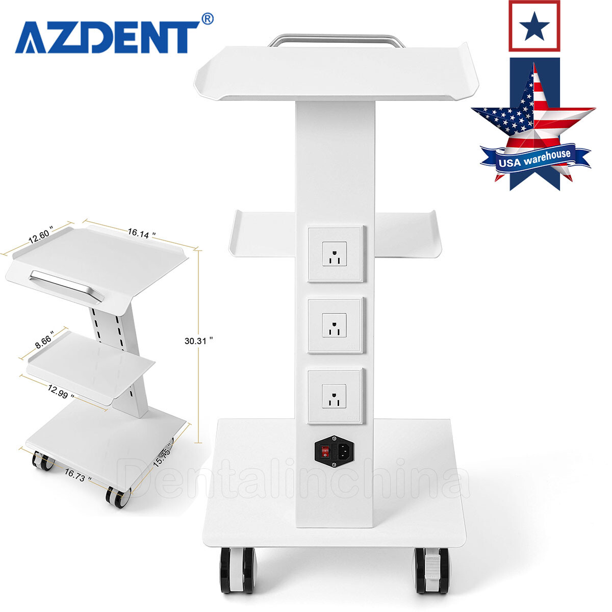 Dental Trolley Mobile Medical Tool Cart Lab Stand 4 Casters Three Layer Serving