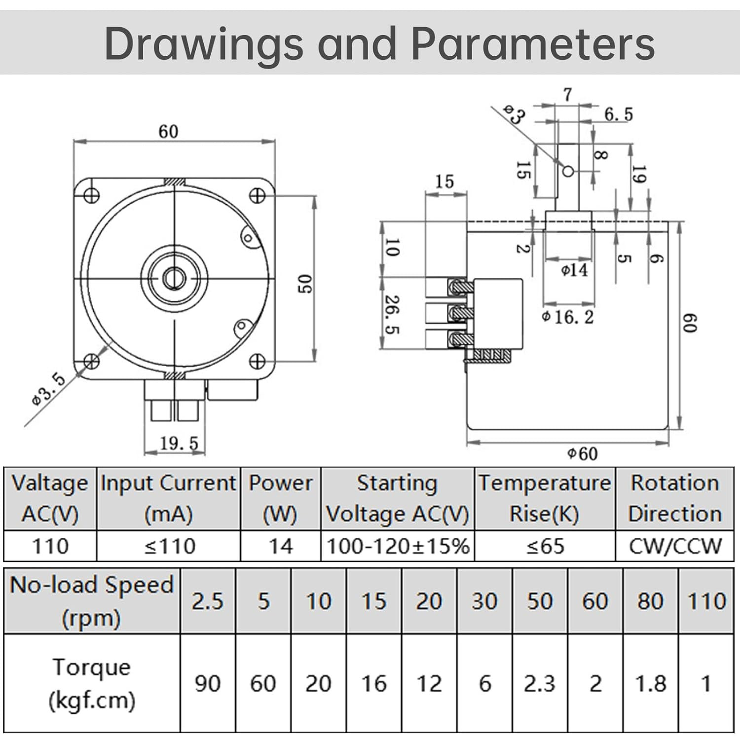 5 RPM Synchronous Gear Motor, AC Motor 110V 60KTYZ CW/CCW High Torque Permanent