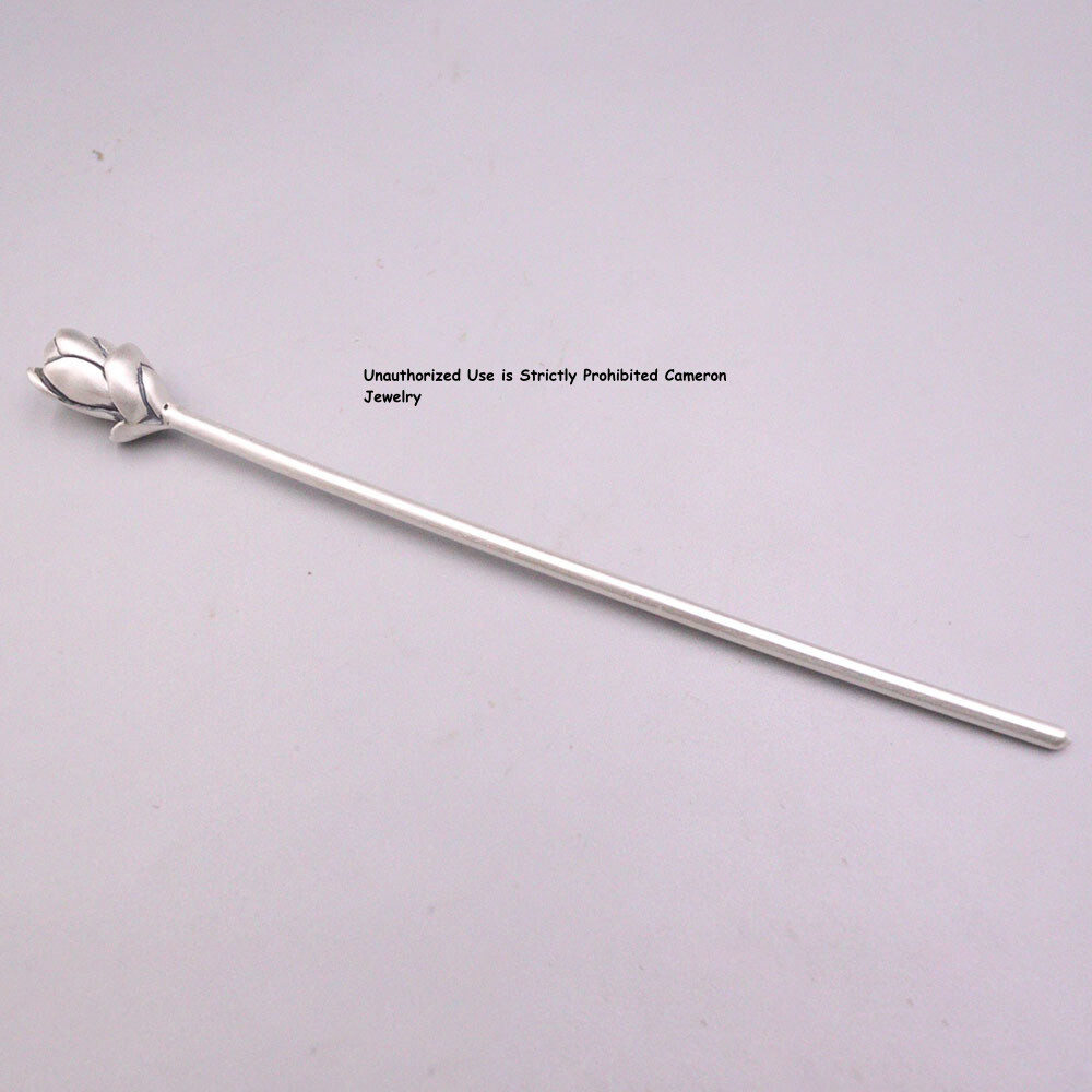 Pure S999 Fine Silver Hairpin Daily Carved Lotus Flower Hair Stick 24-25g 6.14in