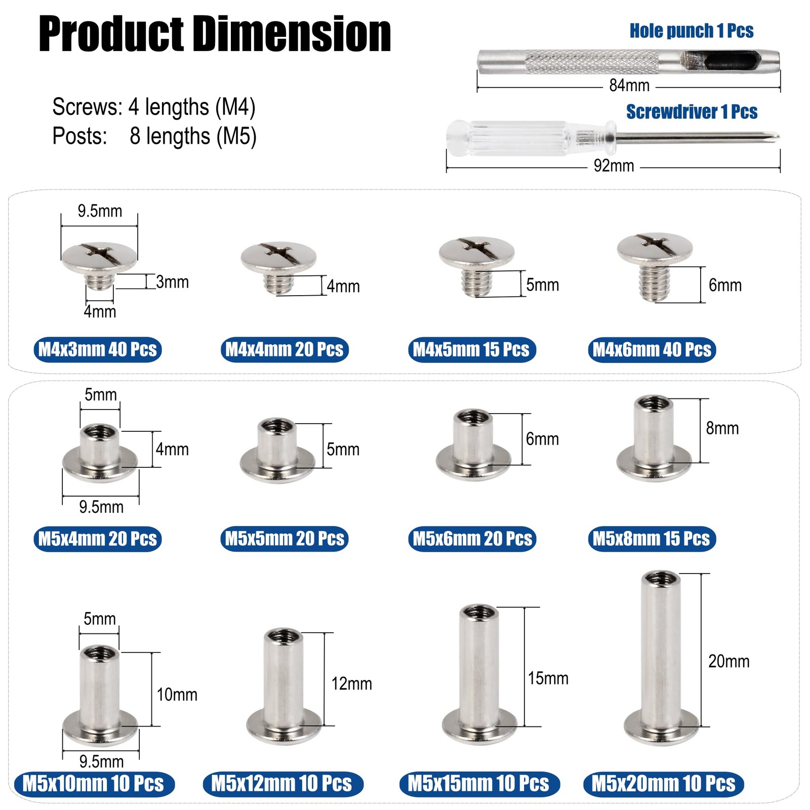 115 Sets Chicago Screws Kit for Leather Crafts, 304 Stainless Steel Binding