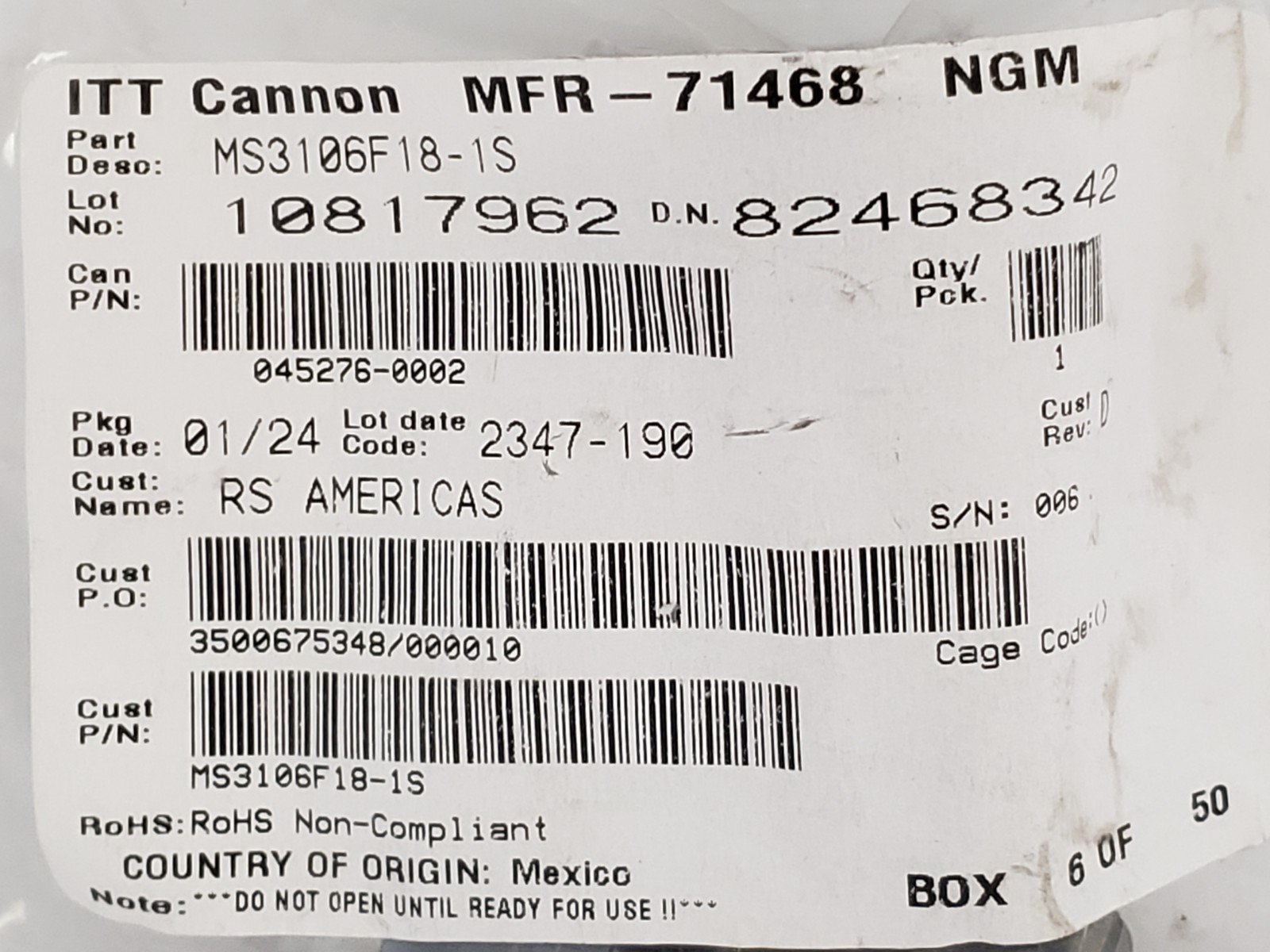 ITT CANNON MS3106F18-1S CIRCULAR CONNECTOR 10 CONTACTS SOLDER SOCKET NIB