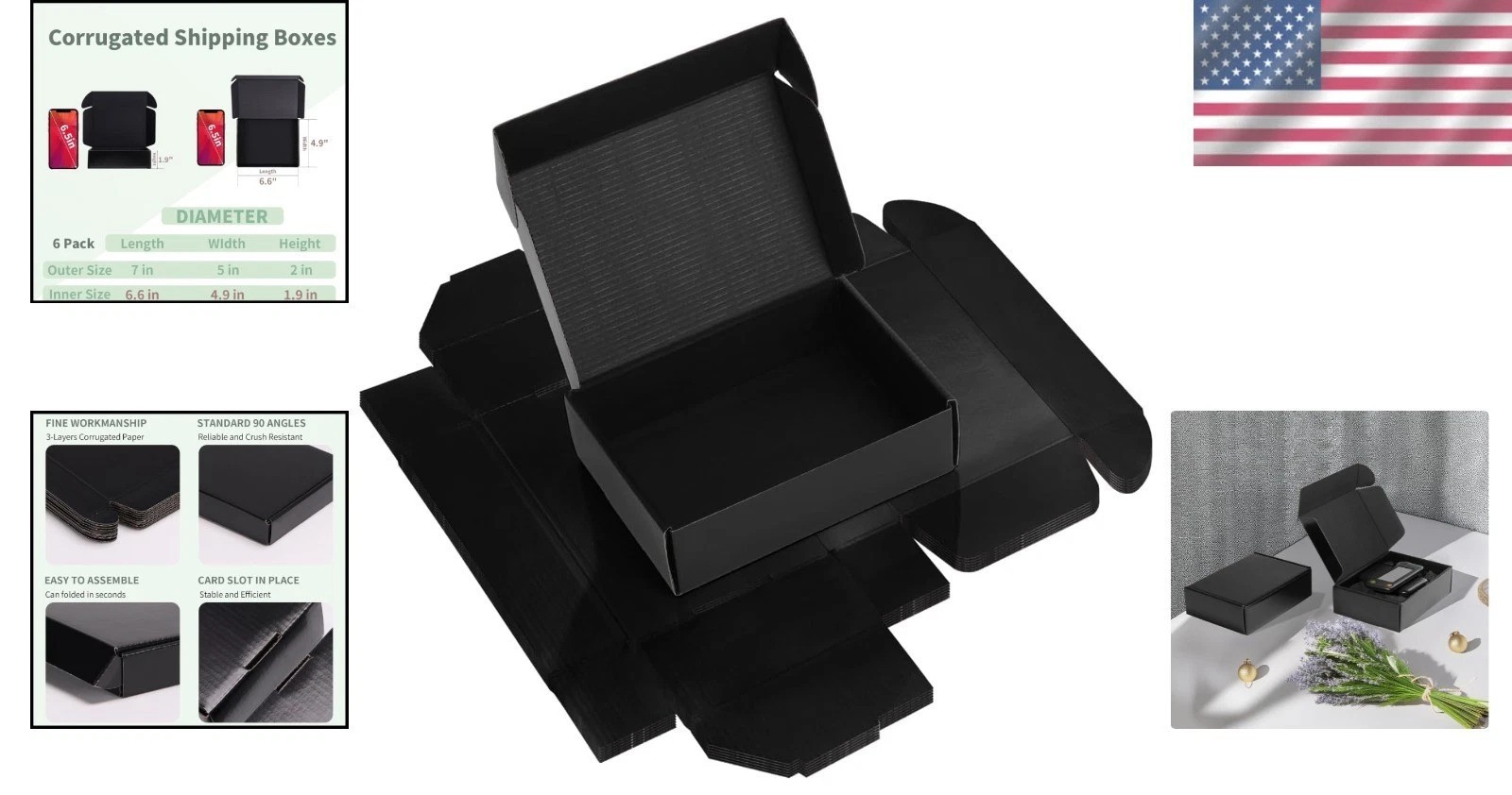 6 Pack Black Shipping Boxes, 7x5x2 Inch Durable Cardboard Mailers for Business