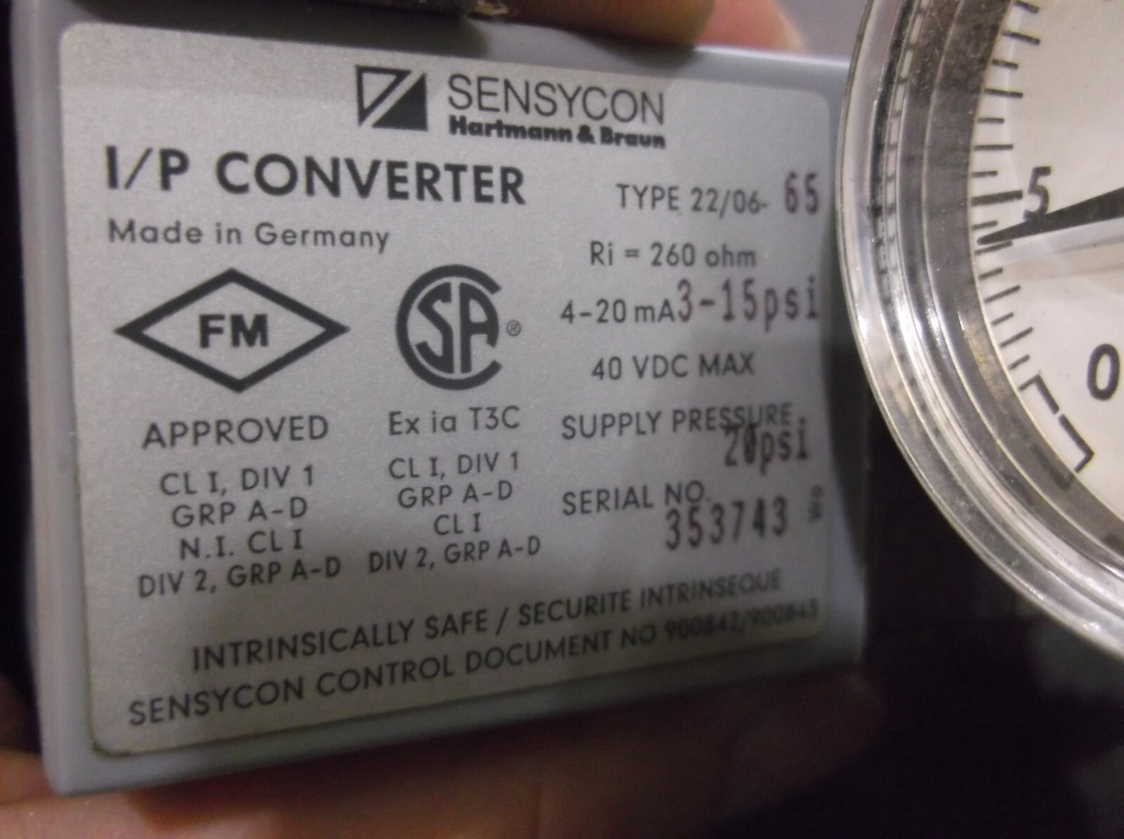 SENSYCON 22/06-65 I/P CONVERTER 20 PSI SUPPLY PRESSURE W/ GAUGE (WL92-1)