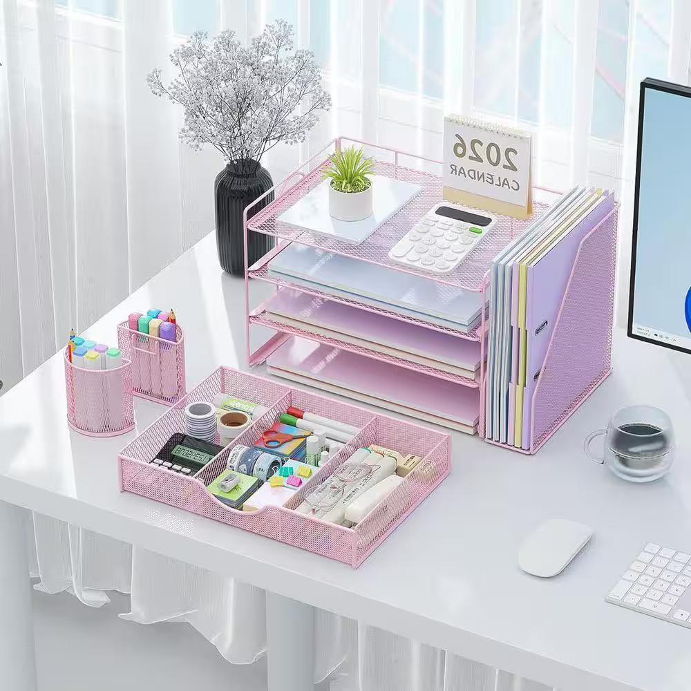 Pink 15.5 In. X 9.2 In. Metal Modern Desk File Holder with Drawer and 2 Pen Hold