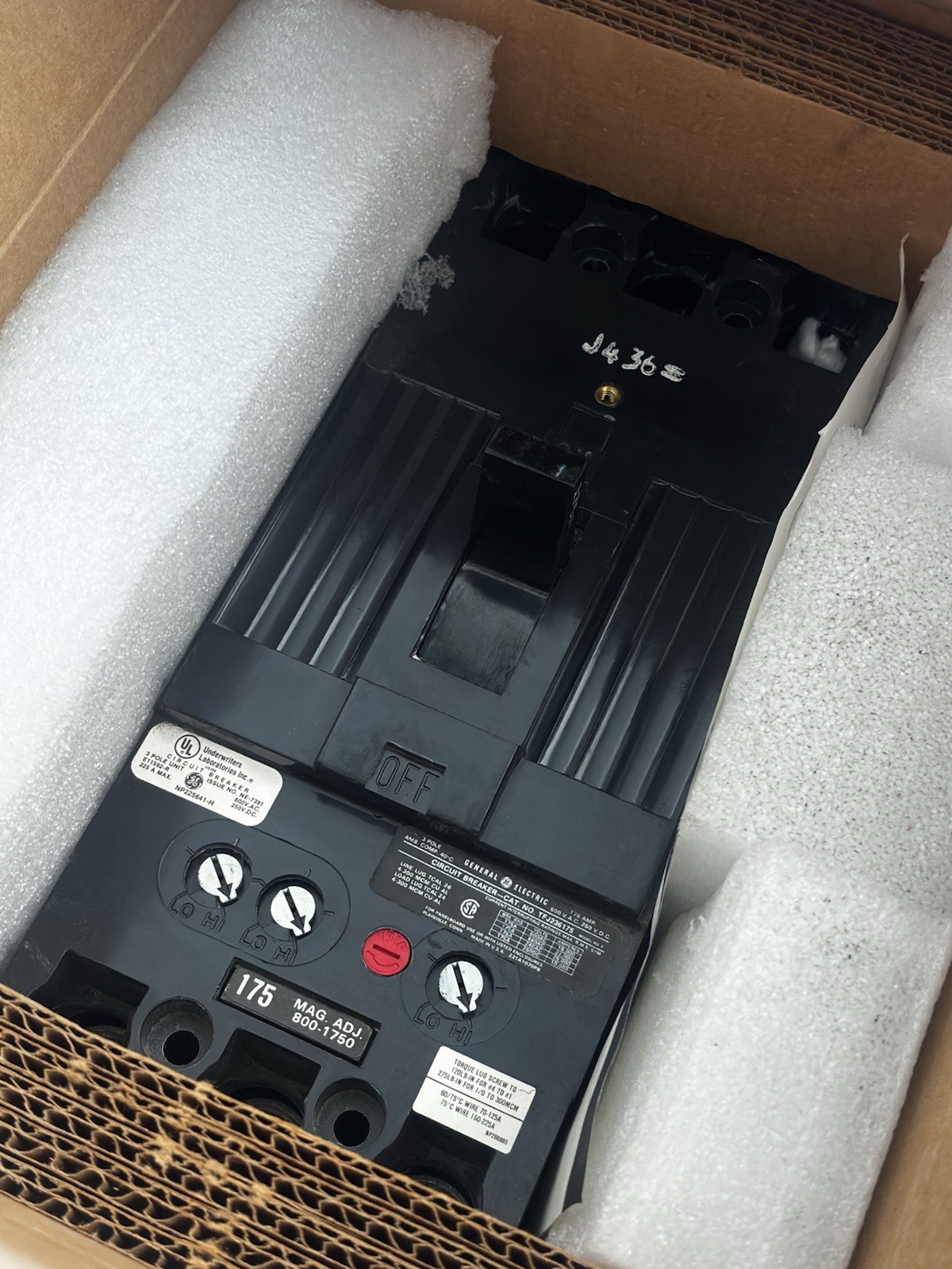 GE TFJ236175WL 175A 3-Pole Circuit Breaker 600VAC/250VDC Trip Indicator