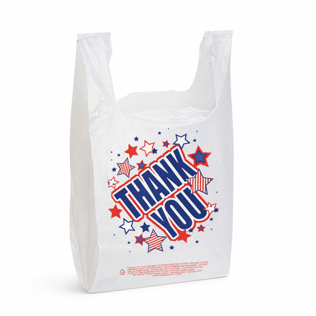 Bags 1/6 Large 21 x 6 x 11.5 Americana “Thank You” T-Shirt Plastic Grocery