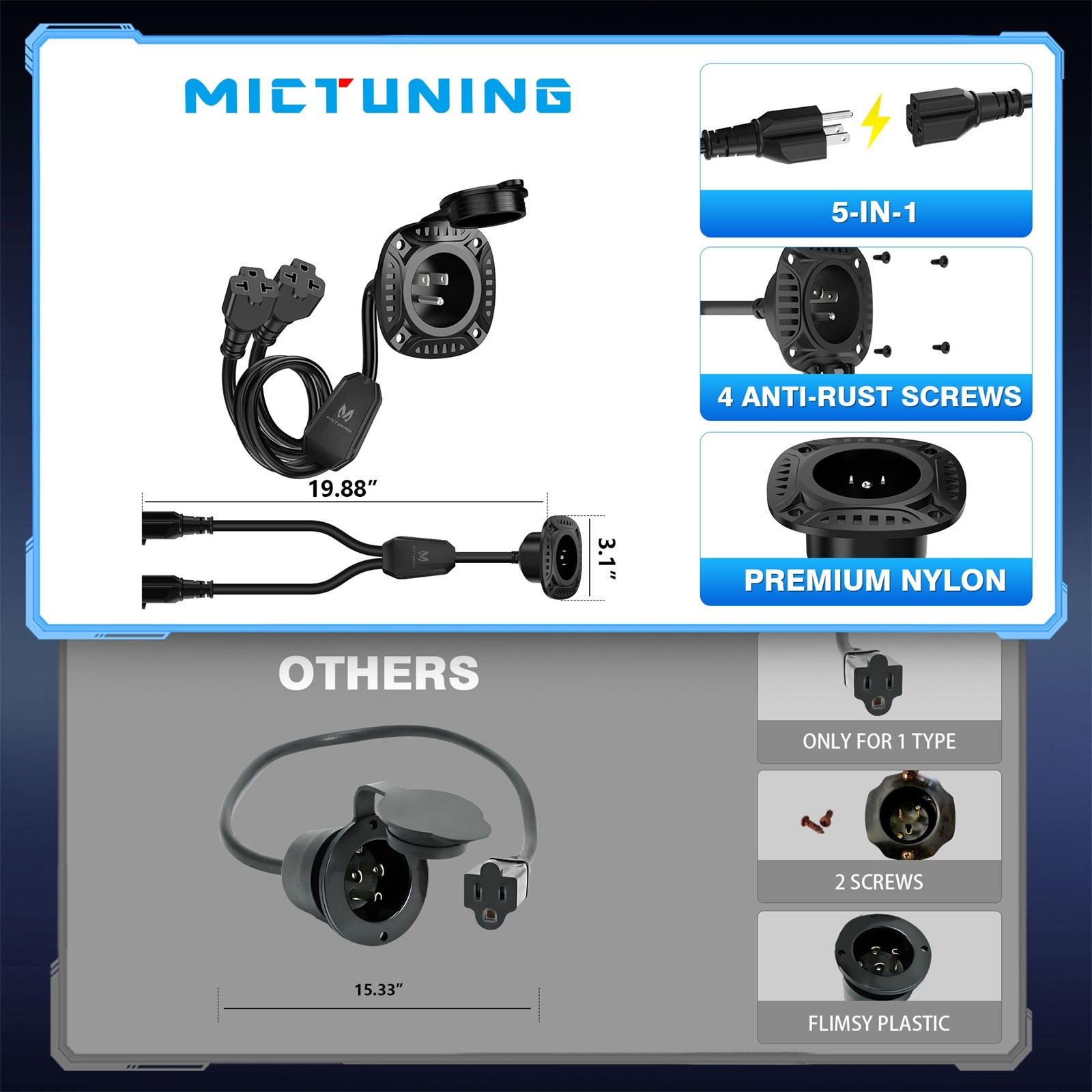 5-in-1 AC Port Plug 20A Dual 12 AWG Extension Cords for Trailers Trucks Campers