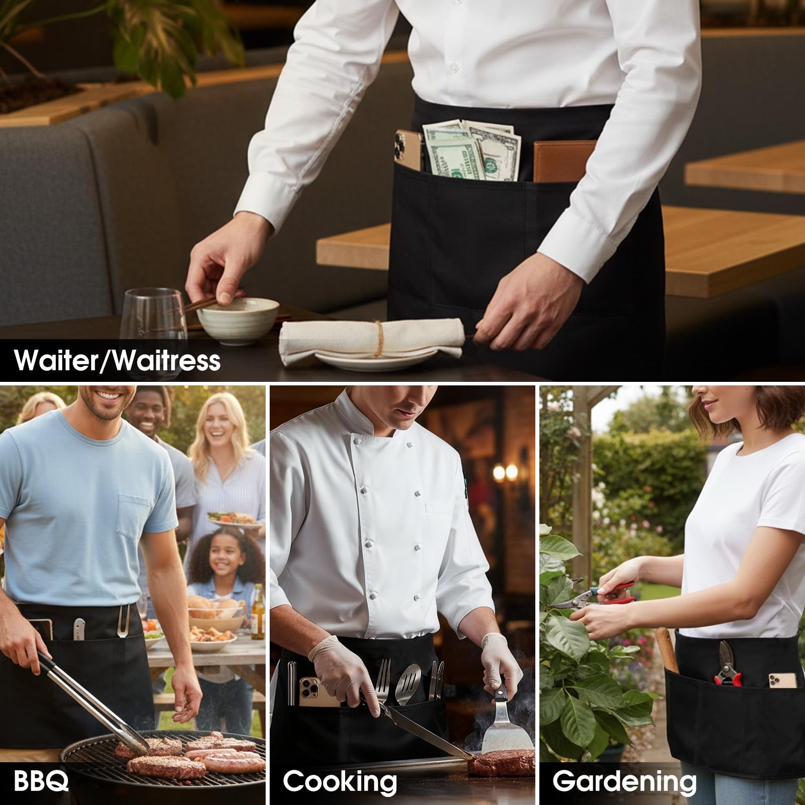 BOHARERS Waist Apron with 3 Pockets – Black Waitress One Size, B-2 Pack
