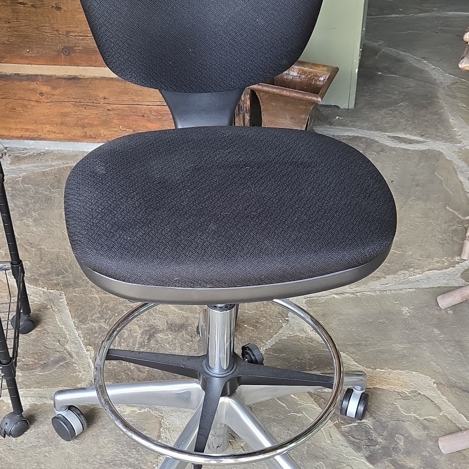 Black Upholstered Drafting/Task Rolling Chair w/ Backrest Chrome Base Foot Ring