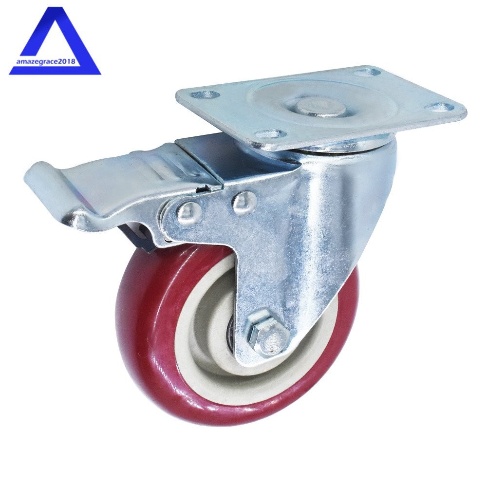 4 Pack 4″ Caster Wheels Swivel Plate Total Lock Brake Red Polyurethane PU