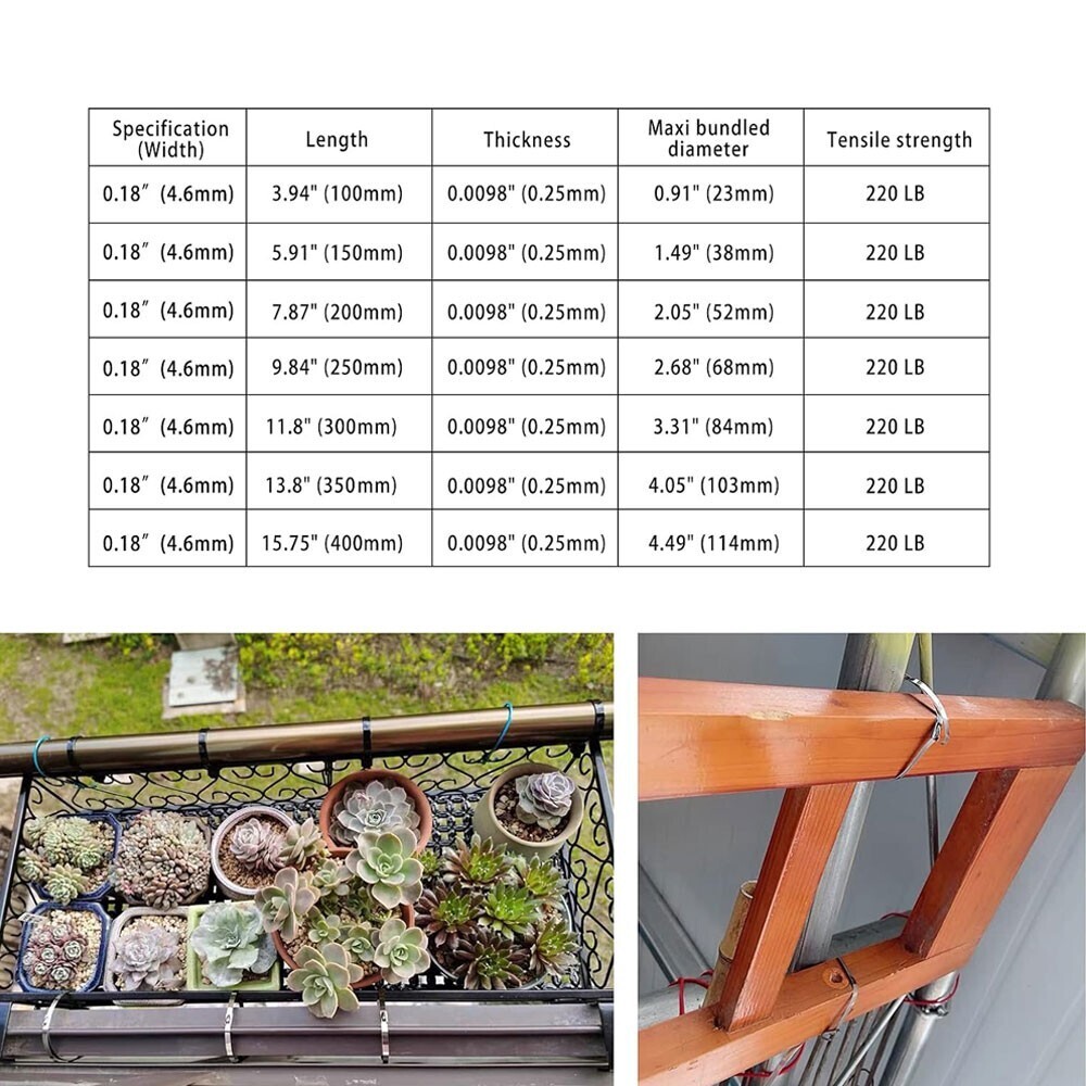 100pcs 304 Stainless Steel Metal Zip Ties Heavy Duty Self-Locking Cable Ties