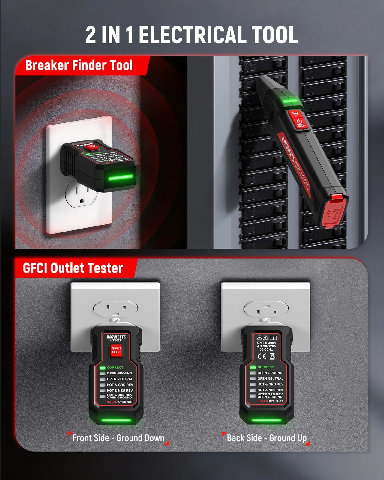 KAIWEETS Circuit Breaker Finder Tool Kit, GFCI Outlet Tester with Dual-Sided LED
