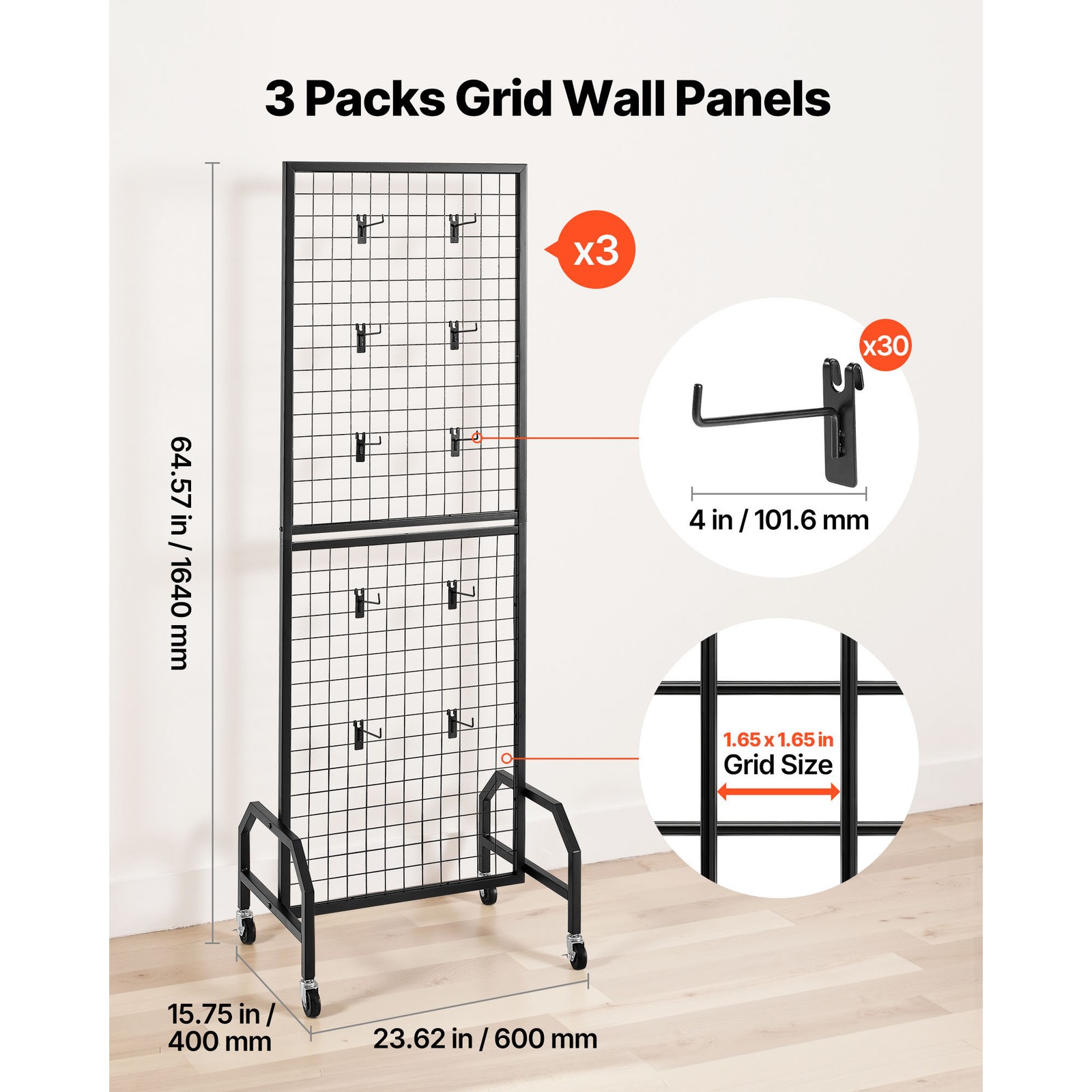 Uimoso 3-Pack Grid Wall Panels 1.9 x 5.4ft Wire Display Rack with Wheels & Hooks