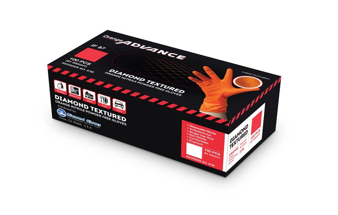 Heavy Duty 8mil Orange Nitrile Gloves Diamond Textured Powder Free Industrial