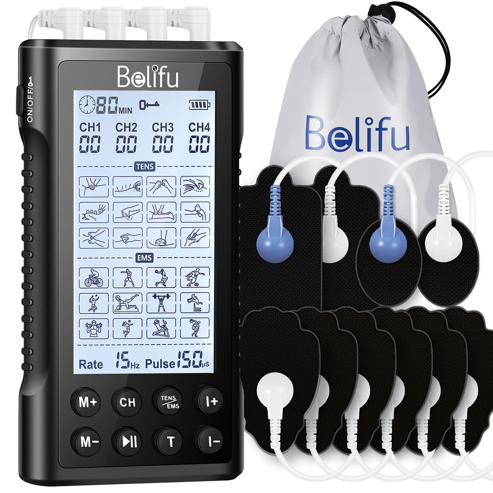Belifu 4 Independent Channel TENS EMS Unit, 24 Modes,30 Level Inten… Fast Ship