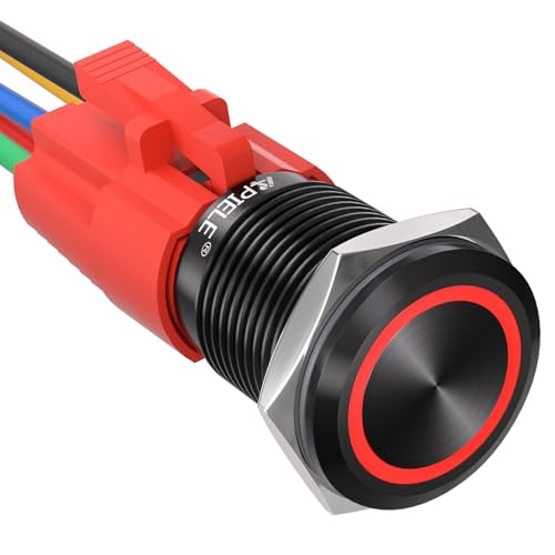 16mm Latching Push Button Switch 12V DC Black Shell Red LED 0.63in Hole