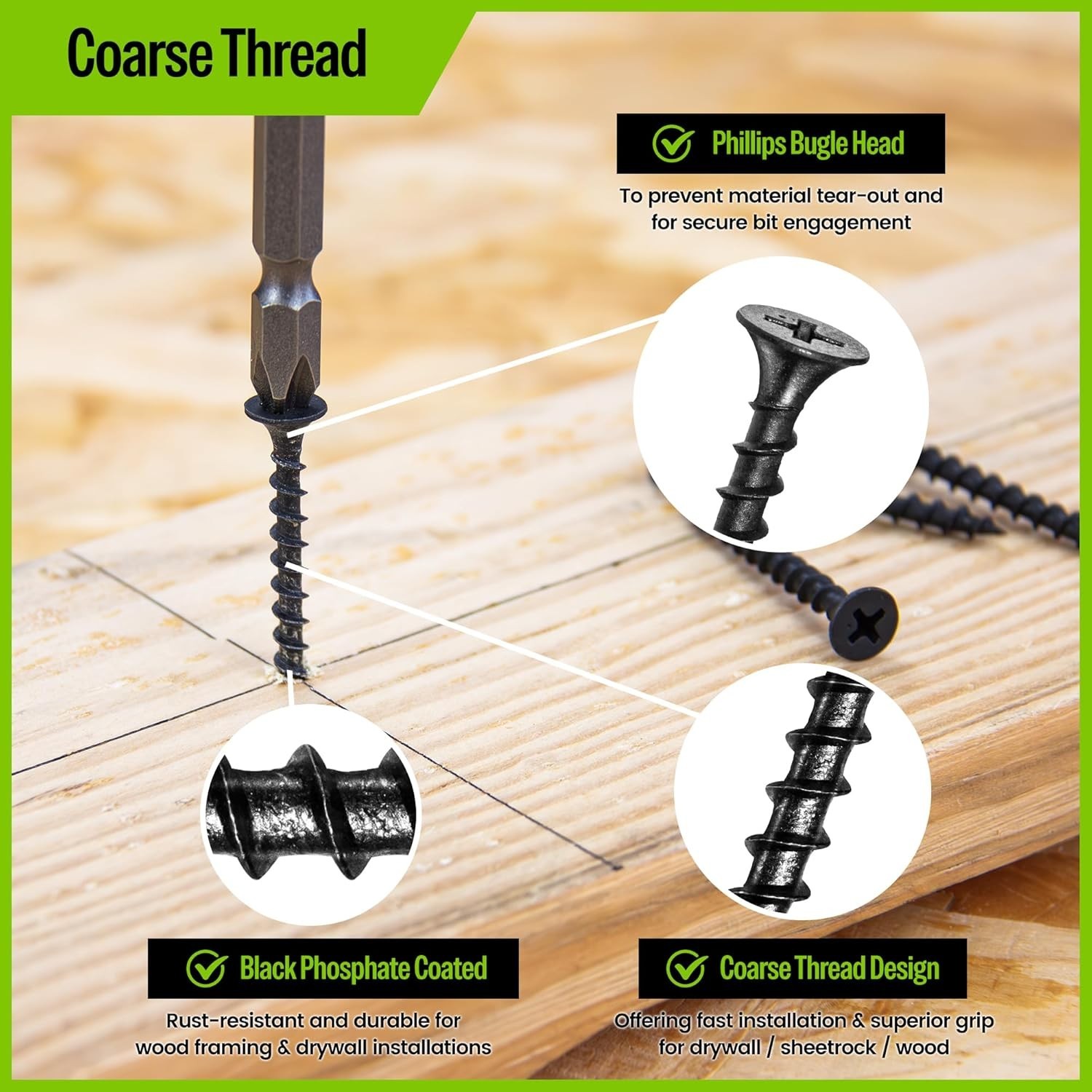 meite Drywall Screws #8 x 2-1/2″ Coarse Thread Phosphate Finish Phillips Drive