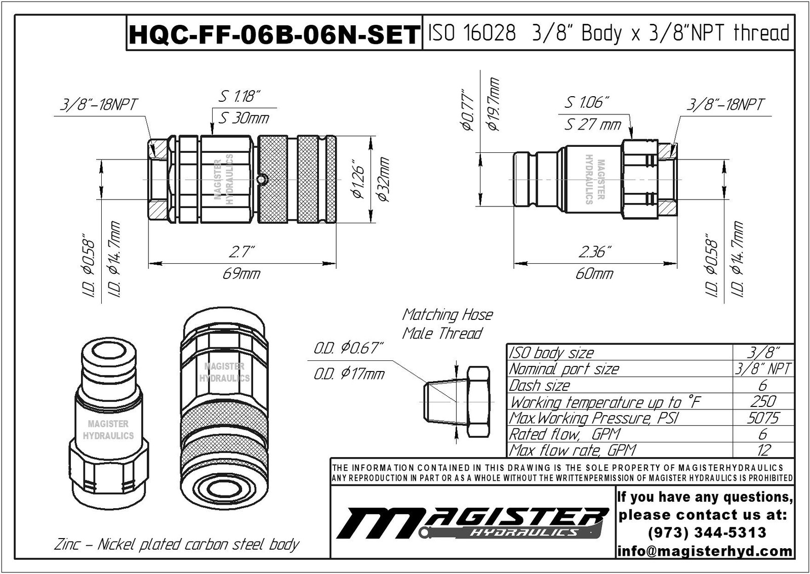 3/8″ Flat Face Hydraulic Quick Couplers Set – 3/8″ NPT Thread