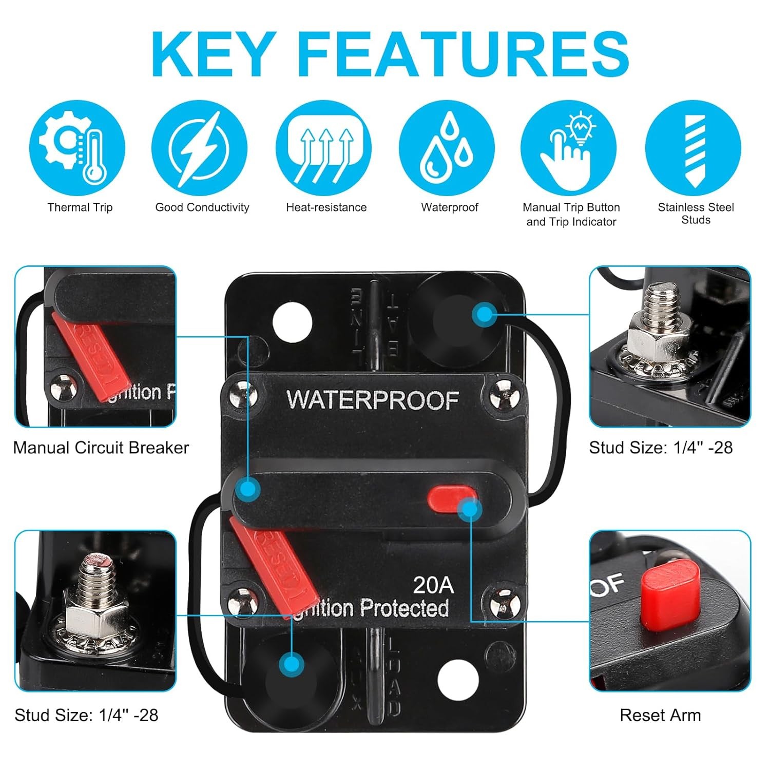 20 Amp Audio Circuit Breaker,12V-48V DC Fuse Holder,30-300A Breaker Switch,Inlin
