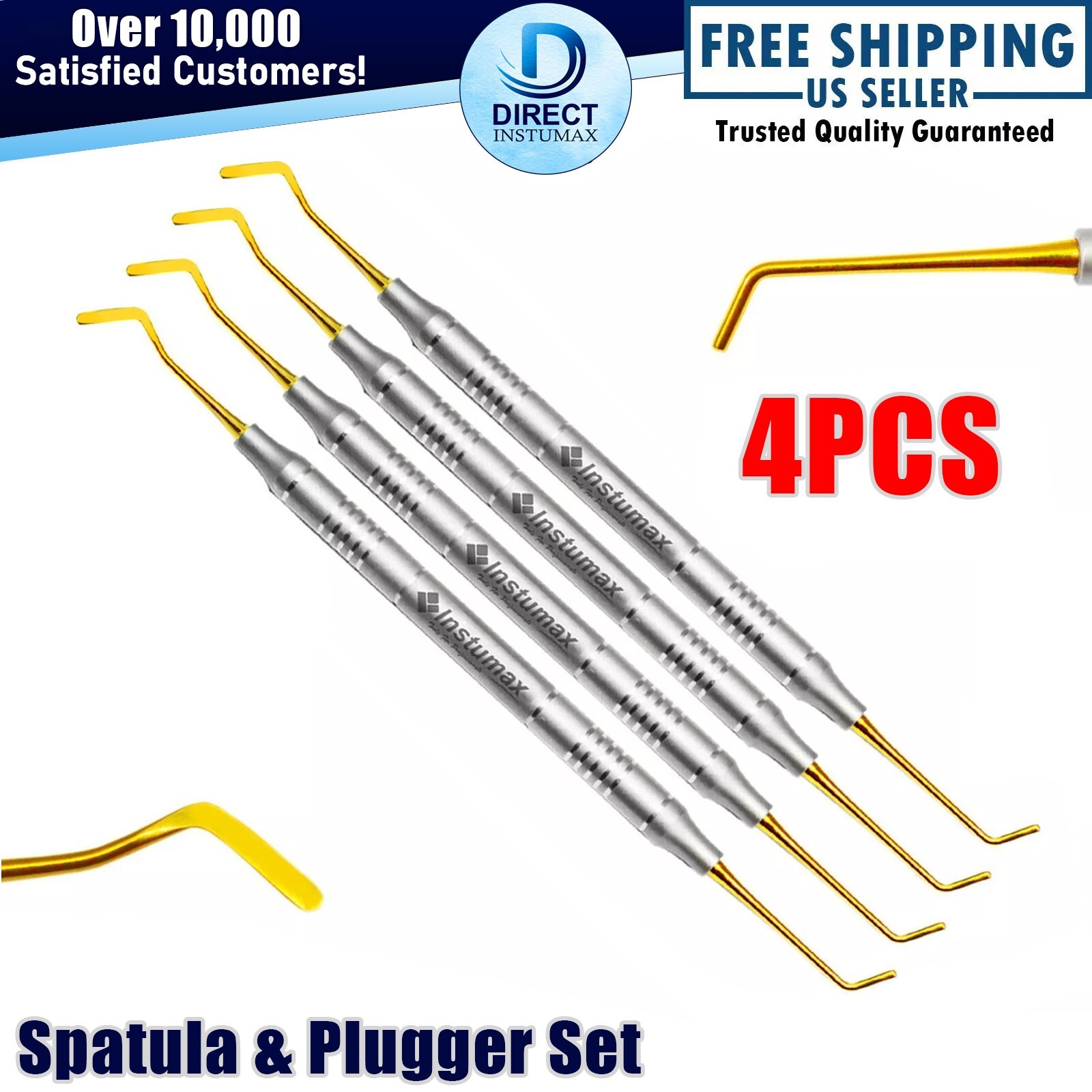 4-PCS Dental Composite Filling Instruments Spatula & Plugger Titanium Gold Tips