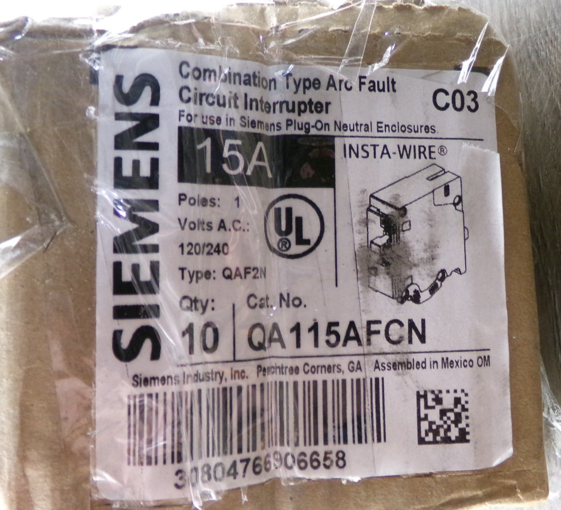 SIEMENS QA115AFCN 15A AFCI PLUG ON NEUTRAL (NO PIGTAIL WIRE) (Box of 10) S7