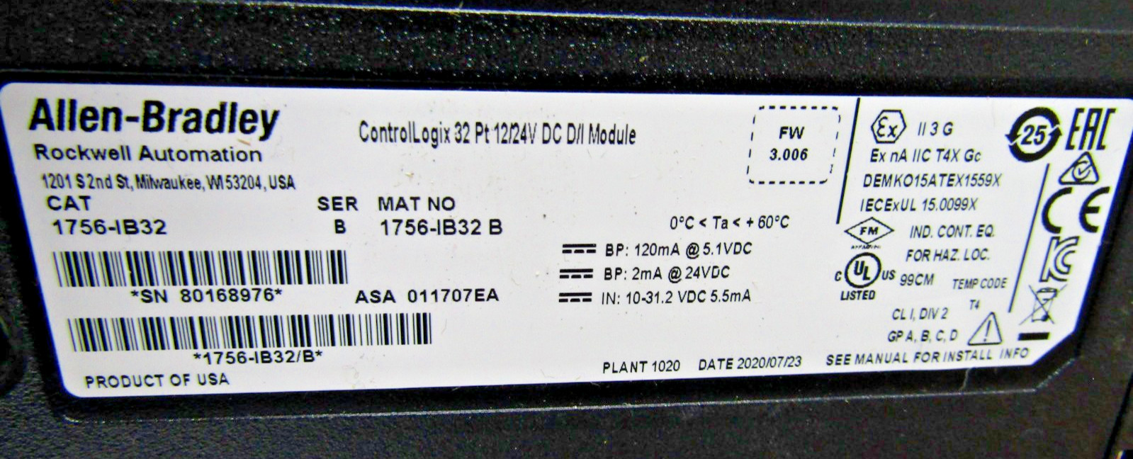 ✌️ALLEN BRADLEY 1756-IB32 SER B CONTROLOGIX 32 PT 12/24DC INPUT MODULE