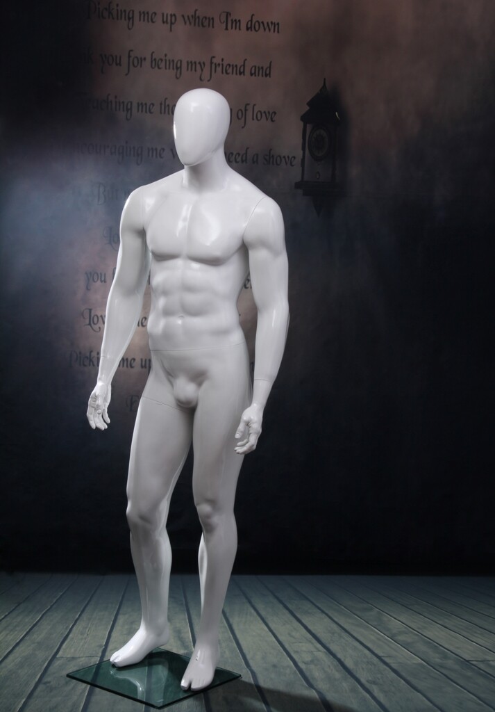 Mens Full Body Egg Head Glossy White Fiberglass Standing Mannequin with Base