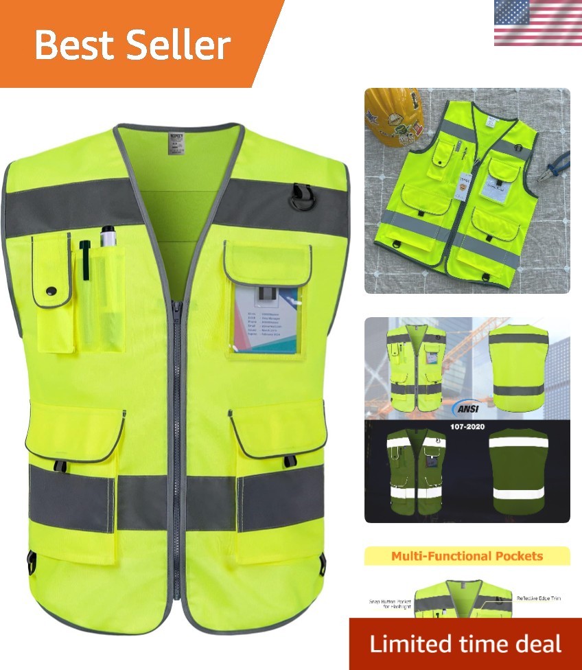 High Visibility Safety Vest for Men Women Reflective Work Vest with 9 Pockets