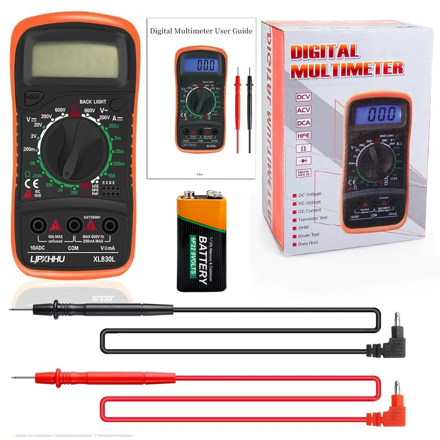 Digital Multimeter AC DC Voltage Current Ohm Tester with LCD & Test Leads