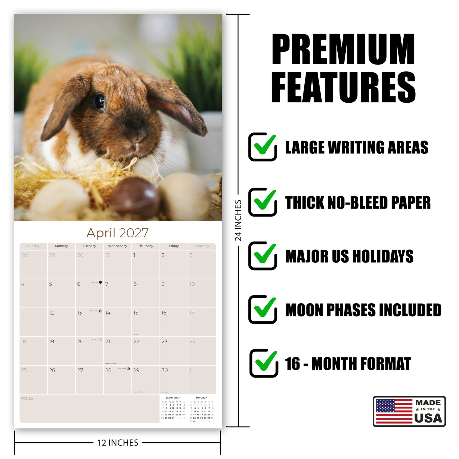 Lop Eared Rabbits Calendar 2024 FULL SIZE 12×24 Made in USA