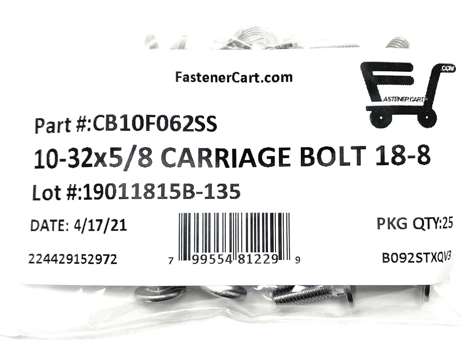 (25) 10-32 x 5/8 Carriage Bolts 18-8 Stainless Steel Fine Thread UNF
