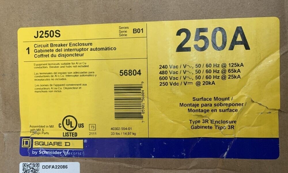 Square D J250S 3-Space 250Amp Indoor Surface Mount Circuit Breaker Enclosure