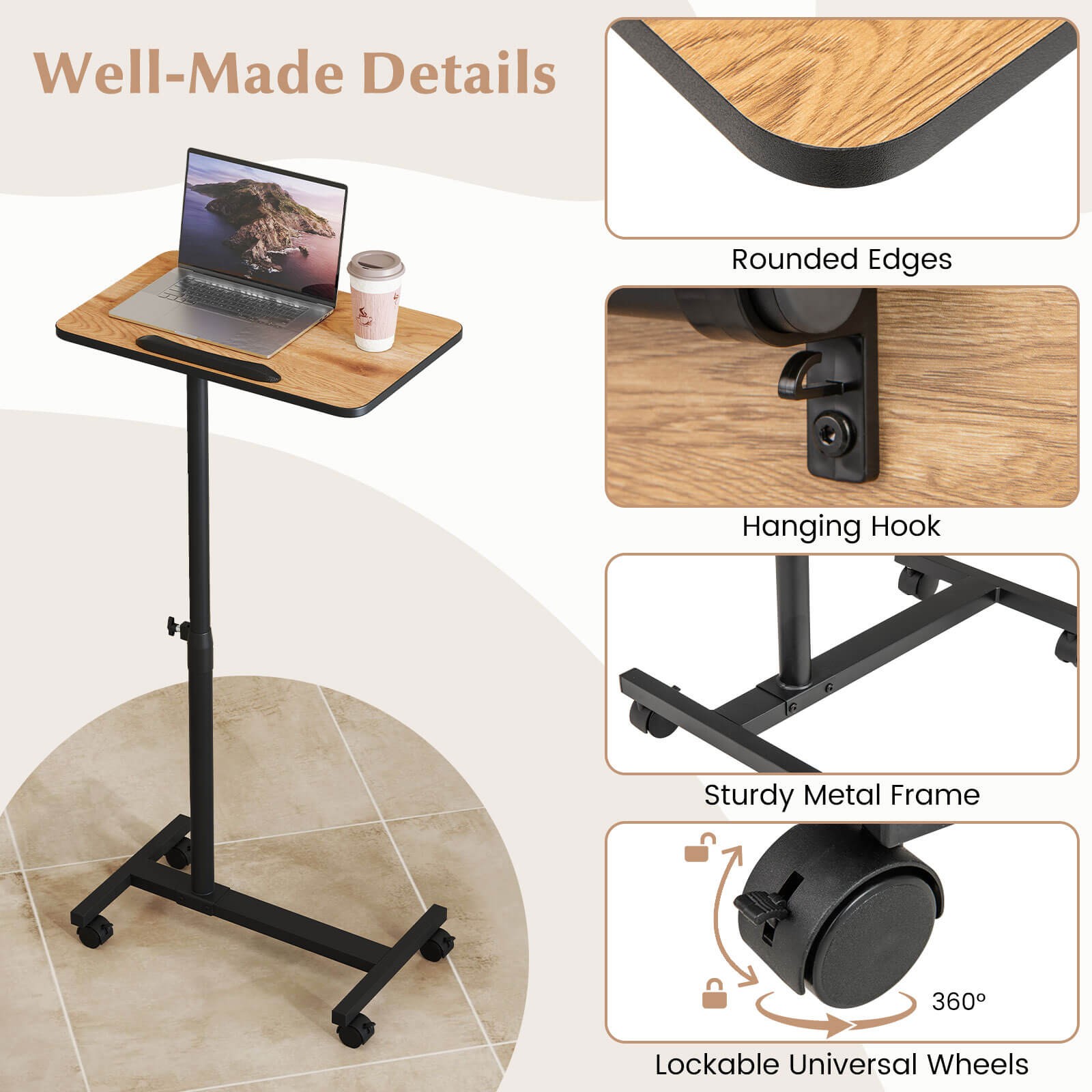 Costway Overbed Rolling Table Over Bed Laptop Food Tray Desk Tilting Top Natural