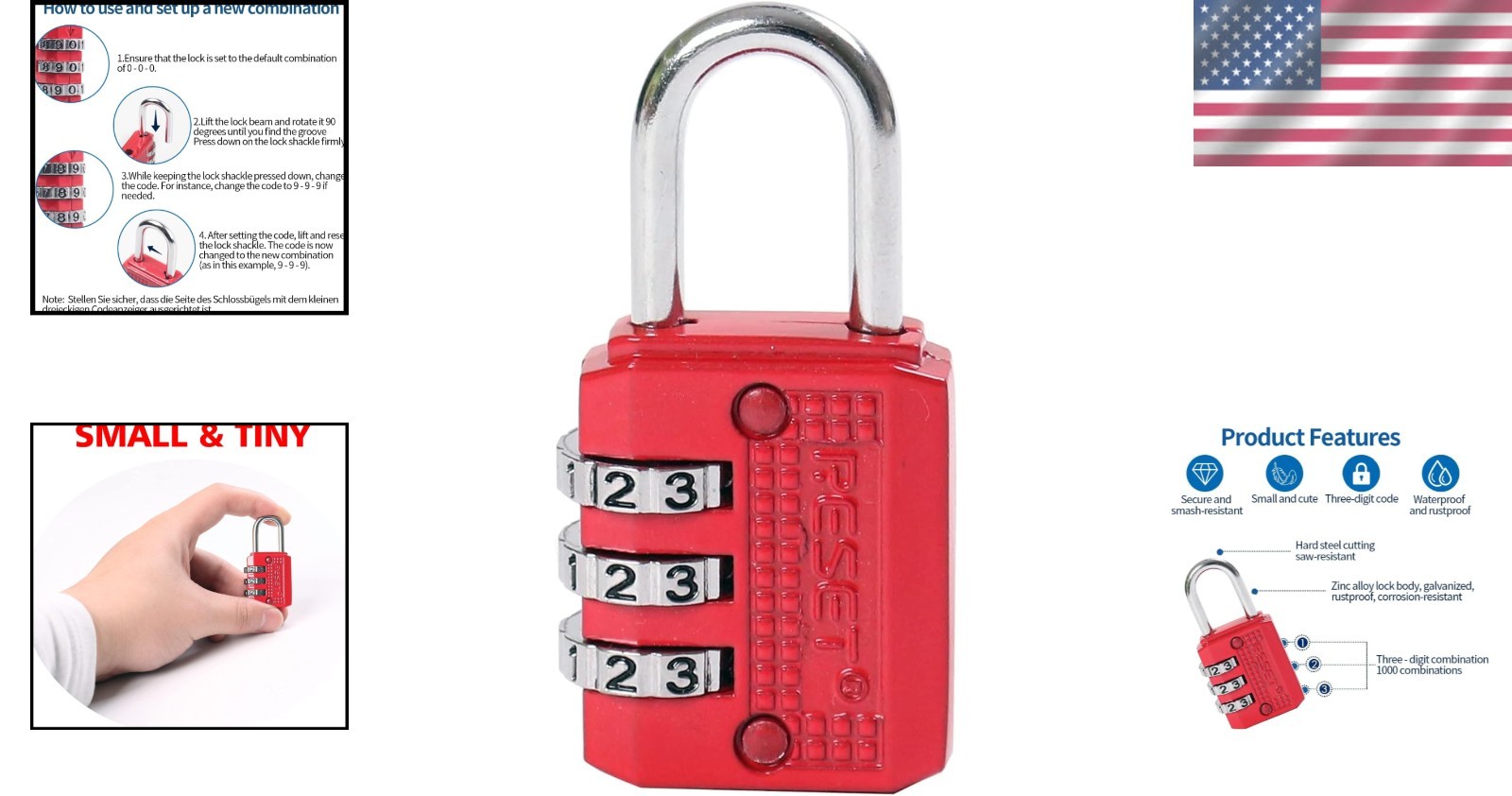 Stylish Red 3-Digit Combination Padlock – Ideal for Travel & Everyday Use