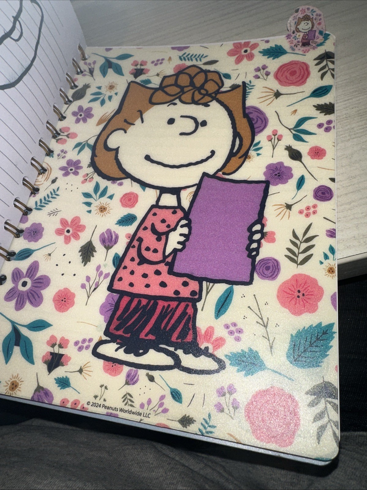 Peanuts Notebook Spiral Journal 8.25″ Snoopy Charlie Brown Purple Flowers w/Div