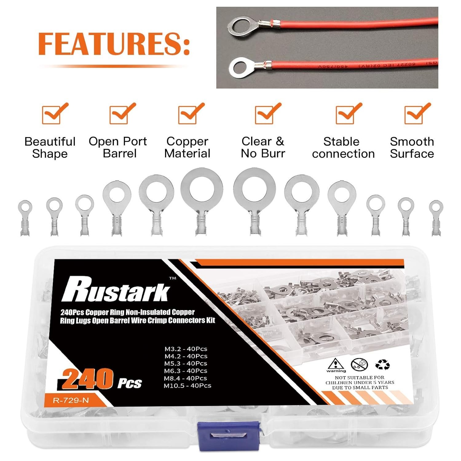 6 Sizes 240 Pcs Non-Insulated Ring Crimp Terminals Connector Assortment Set, O-T