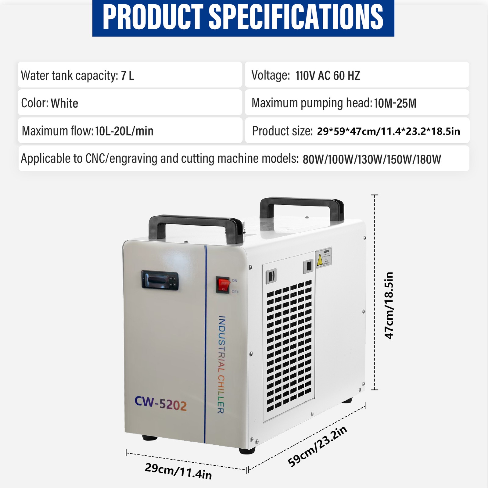 7L CW-5202 Industrial Water Chiller for 80-180W CO2 Laser Engraver Cutter