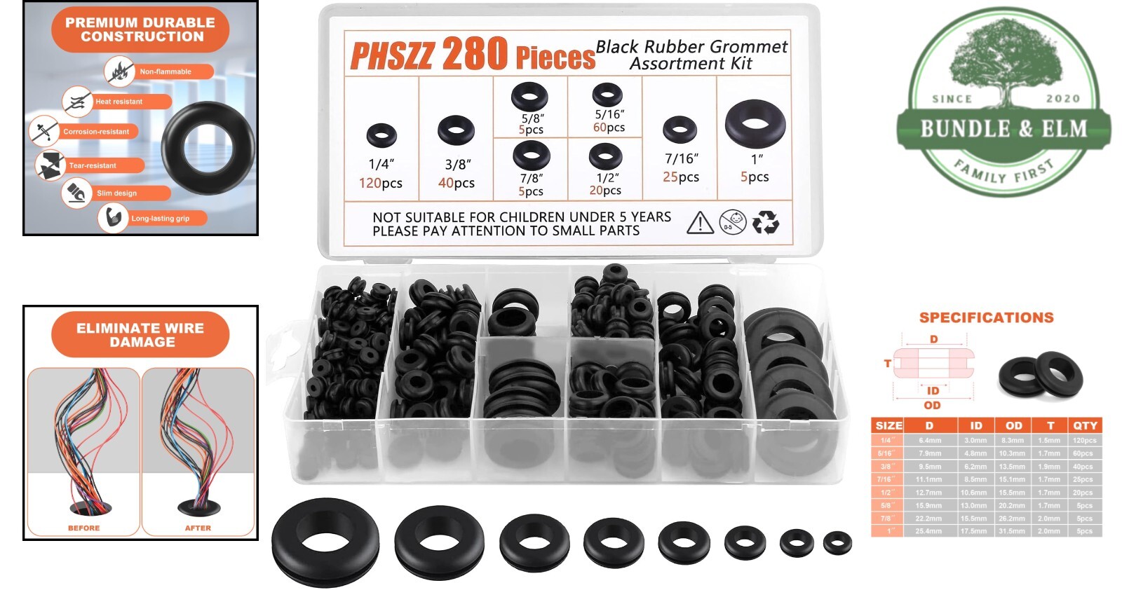 Rubber Grommet Kit 280 pcs Assortment 8 Sizes for Wiring Automotive Plumbing