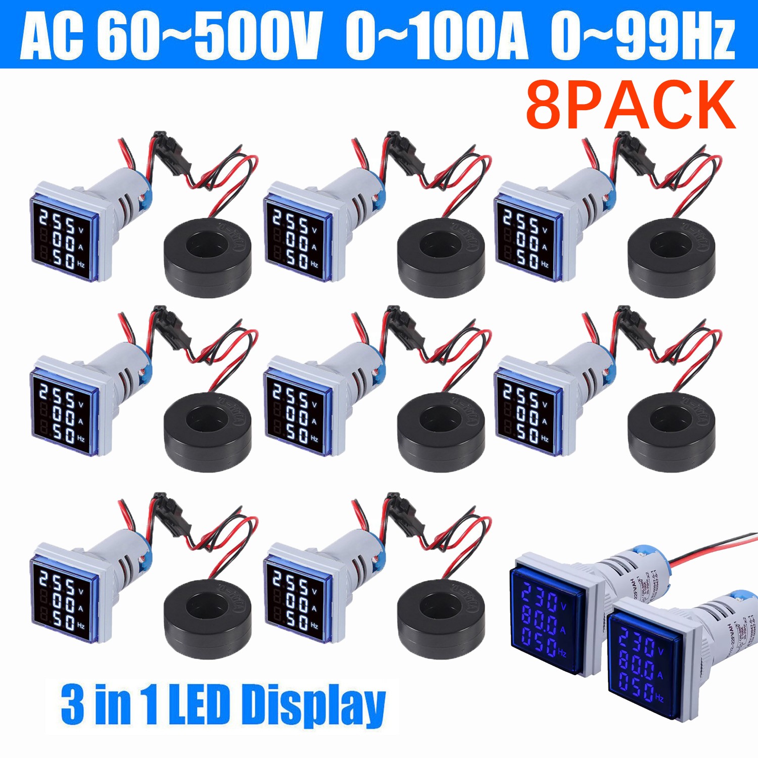 8pcs AC 60-500V 0-100A 22mm 3 in 1 Voltmeter Ammeter LED Digital Volt/AMP Meter