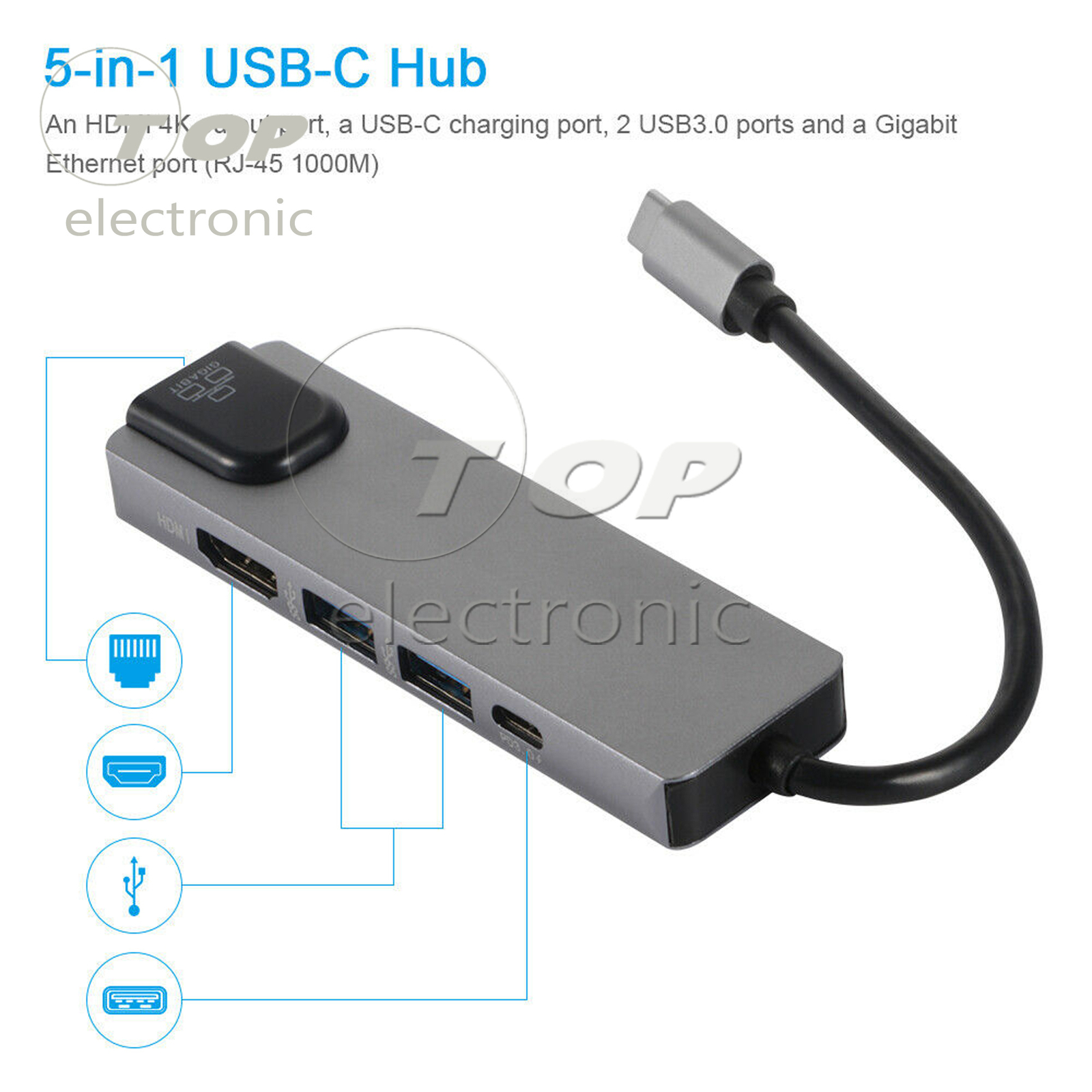 5 in 1 Type C to 4K HDMI USB 3.0 PD Charging Ethernet RJ45 Port Adapter Hub