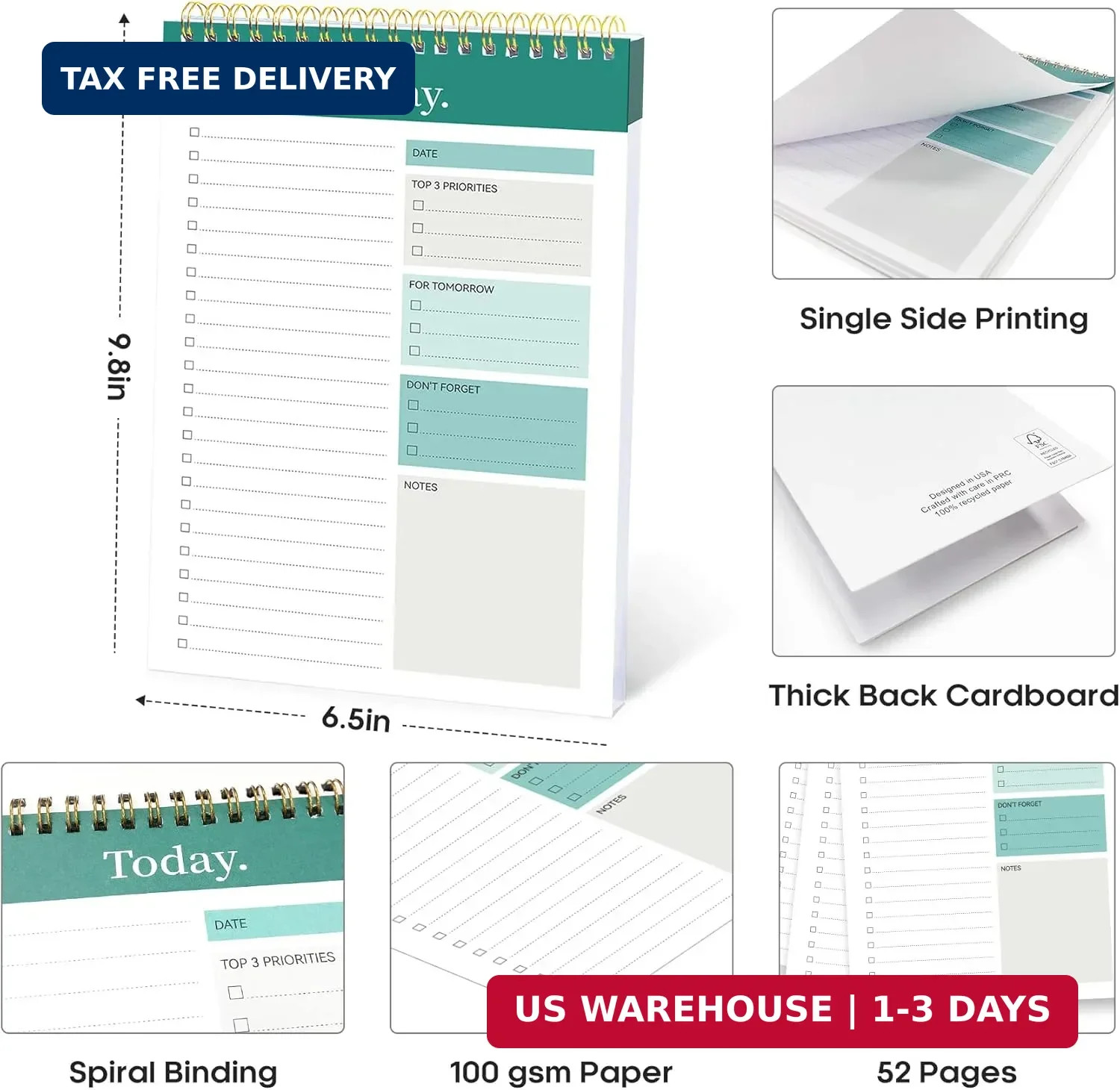 Taja To Do List Notepad, Undated Daily Planner for Work and Goal Setting | Green