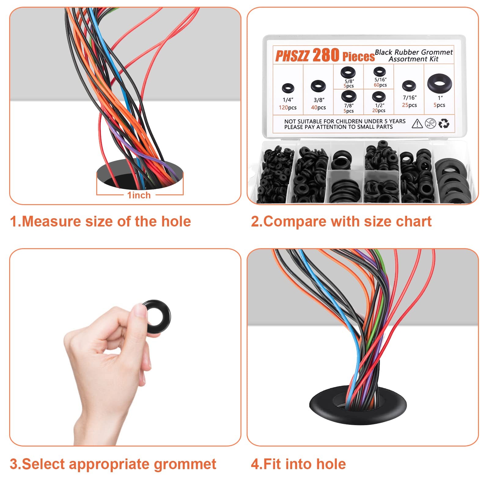 PSHZZ 280 PCS Rubber Grommets Kit, Hole Grommet Gaskets 8 Sizes