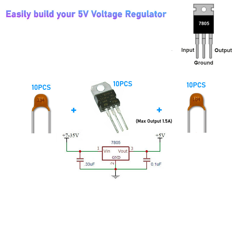 10 Pack L7805CV Voltage Regulator 5V 1.5A TO-220 +10pcs( Capacitor+Resistor+LED