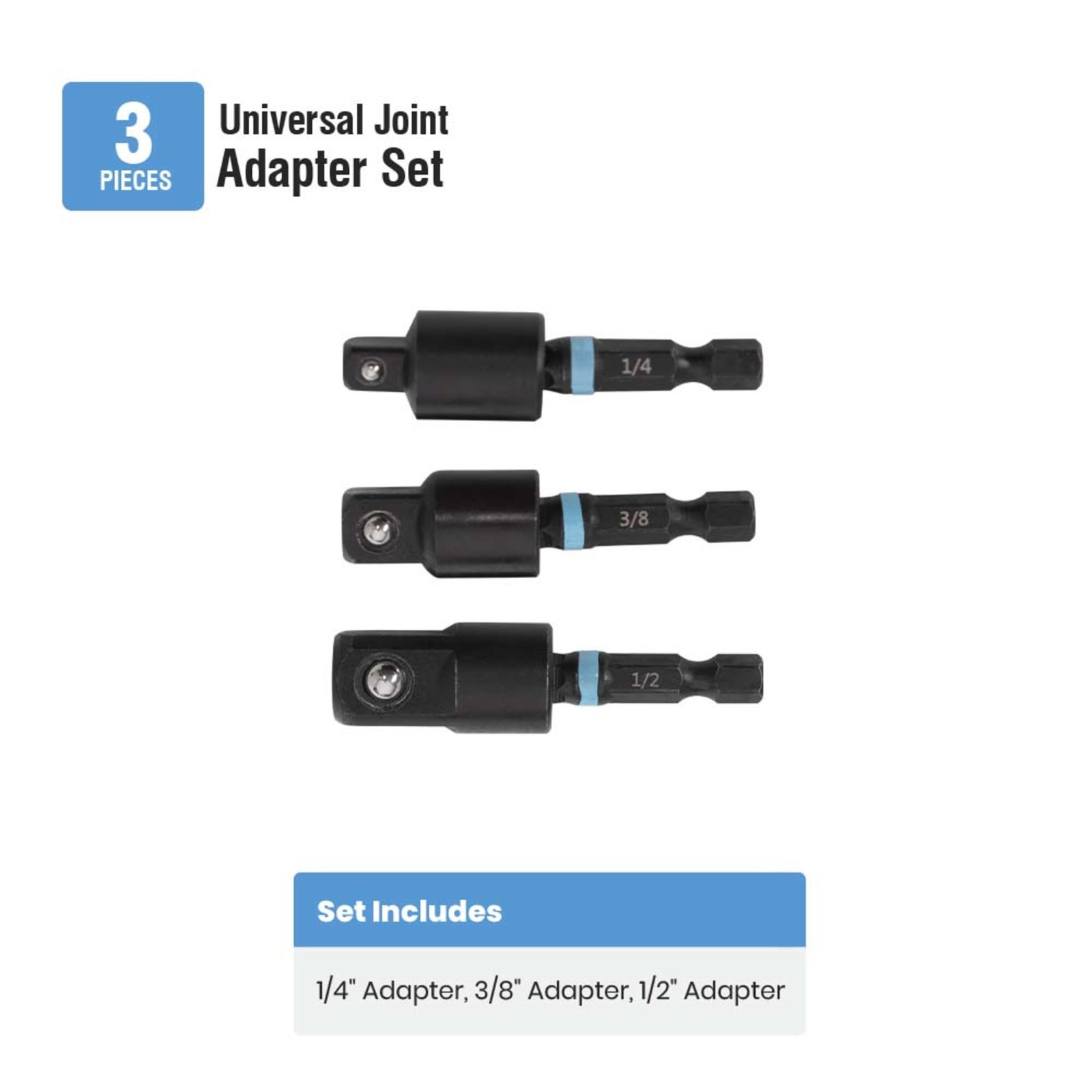 Spyder 3pc 3 in. Swivel Joint Socket Adapter Set 1/4, 3/8, and 1/2-Inch 19708