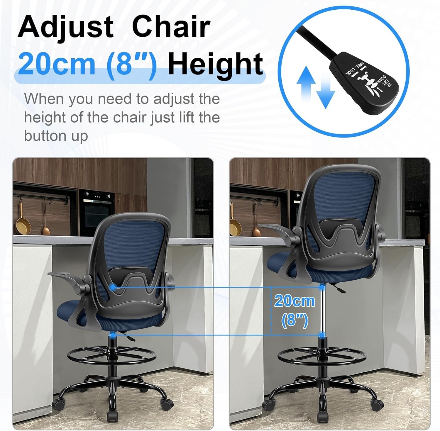 Adjustable Height Office Chair with Enhanced Back Support – Rolling Stool Style