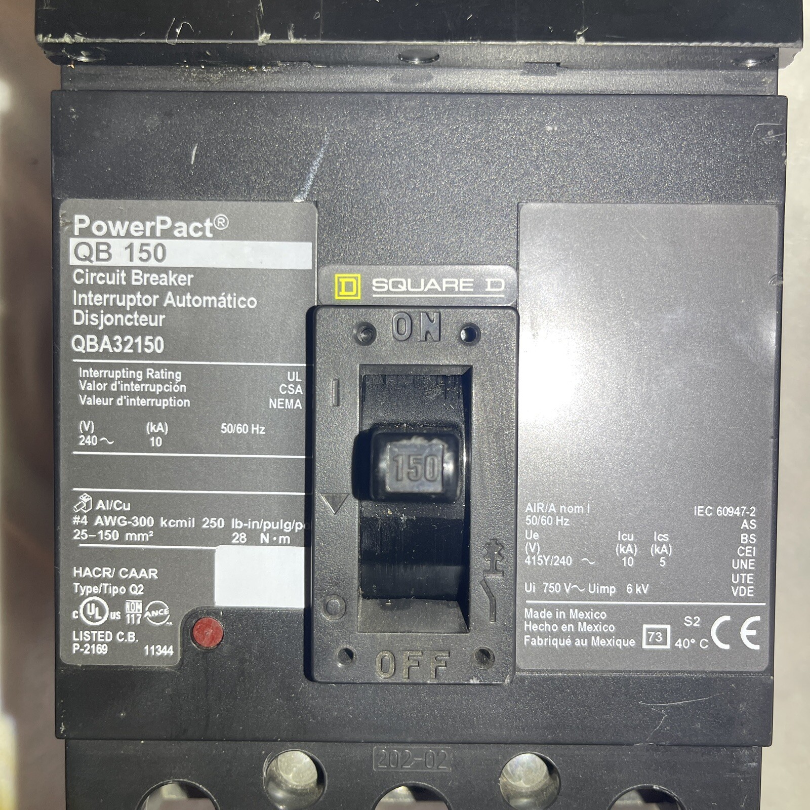 Square D QBA32150 150 Amp 240 Vac 3 Pole Molded Case Breaker 10 kA @ 240 V